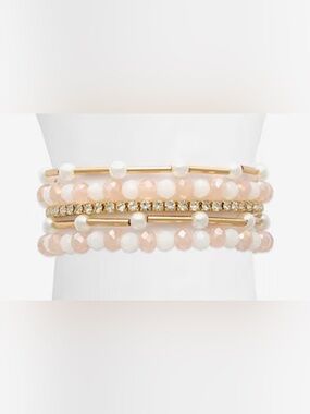 Gold Accent Pink and White Beaded Stretch Bracelet Stack
